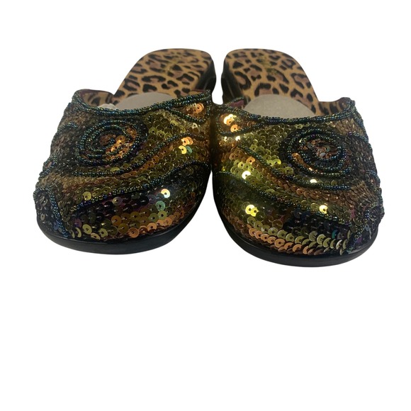 Chico's Fairy Sequin Beaded Slip‎ On Mule Leopard Print Slides Size 7 - Picture 1 of 8